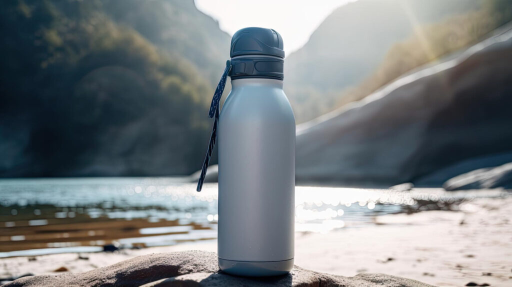 Water bottle by river.